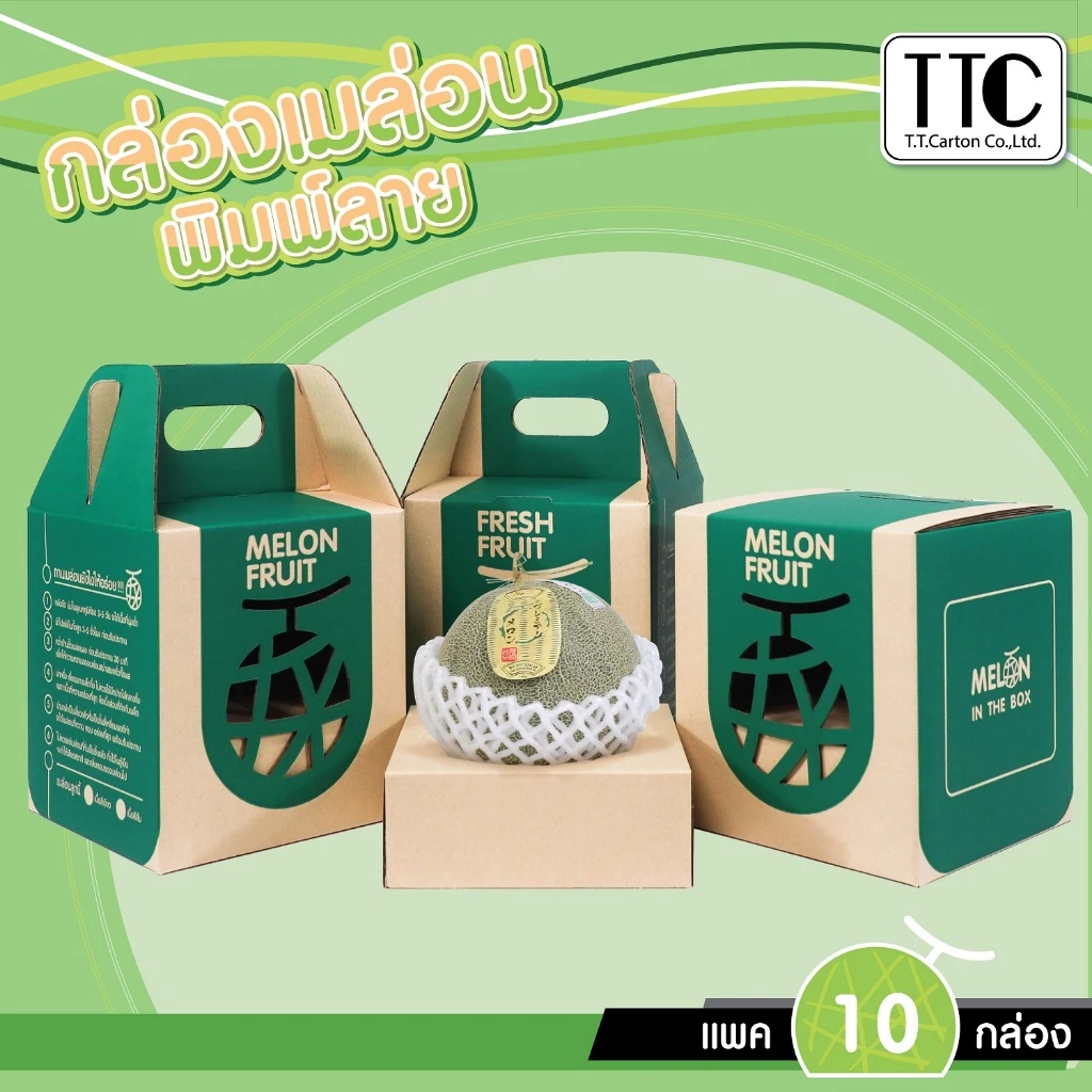 รูปสินค้า กล่องเมล่อนพิมพ์ลาย ฝาเสียบมีที่หิ้ว TT147 แพ็ค 10 ชิ้น