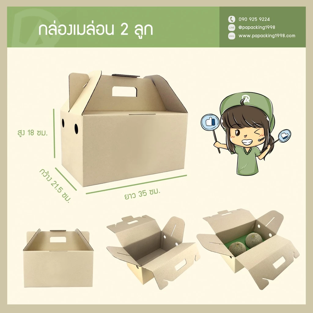 รูปสินค้า กล่องใส่เมล่อน 2 ลูก พร้อมฐานรอง 21.5x35x18 ซม. แพ็ค 25 กล่อง