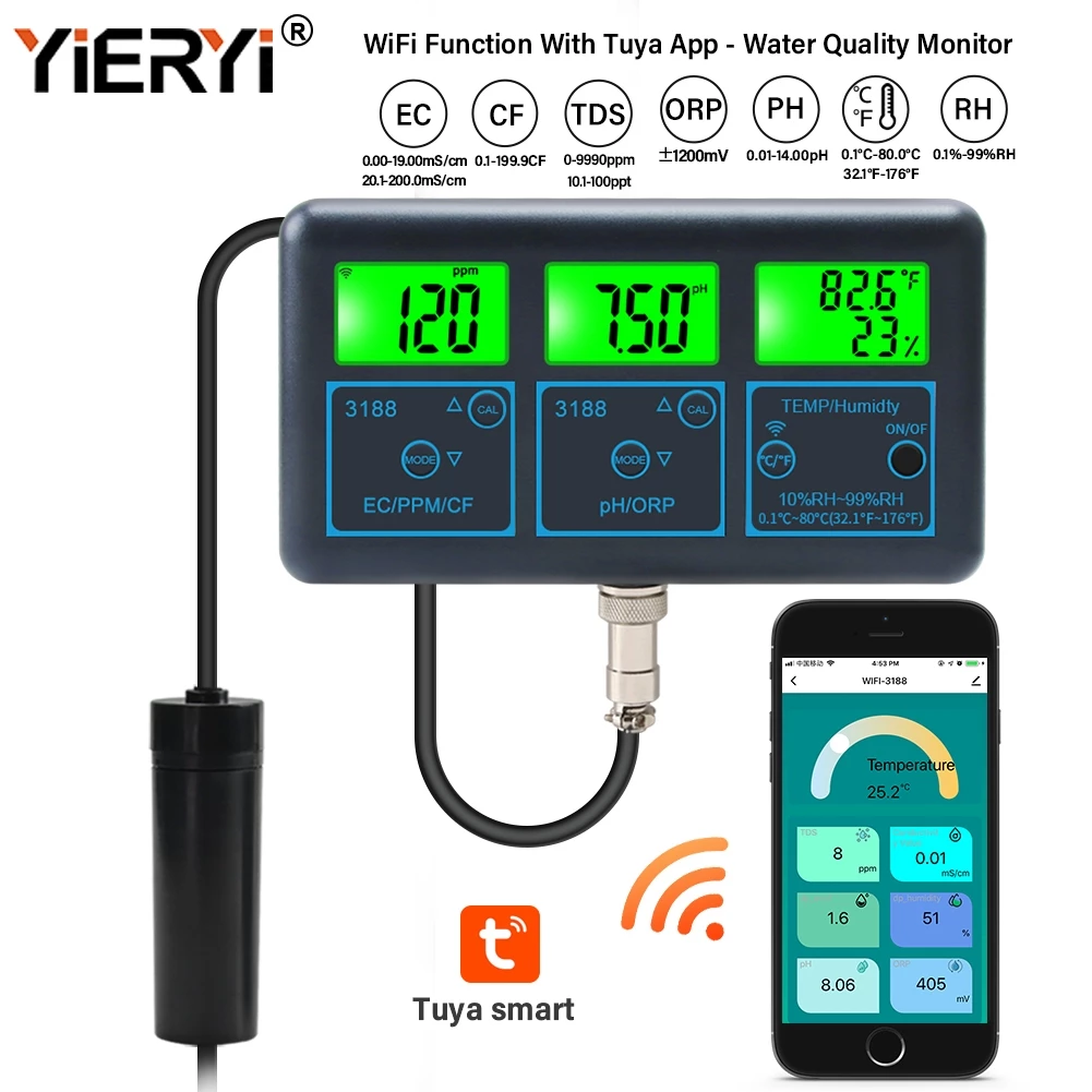 รูปสินค้า YIERYI 7-in-1 เครื่องวัดคุณภาพน้ำ WiFi Tuya PH/ORP/EC/TDS/อุณหภูมิ/ความชื้น