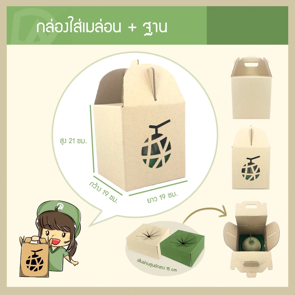 รูปสินค้า กล่องใส่เมล่อน 1 ลูก พร้อมฐานรอง 19x19x21 ซม. แพ็ค 25 กล่อง