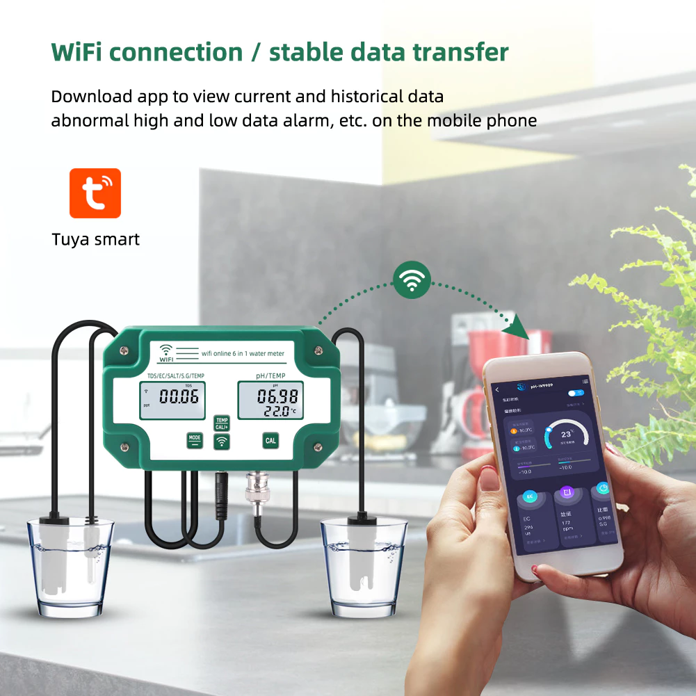 รูปสินค้า RCYAGO Tuya WiFi Smart pH Meter 6-in-1 PH/EC/TEMP/SG/TDS พร้อมไฟ Backlight